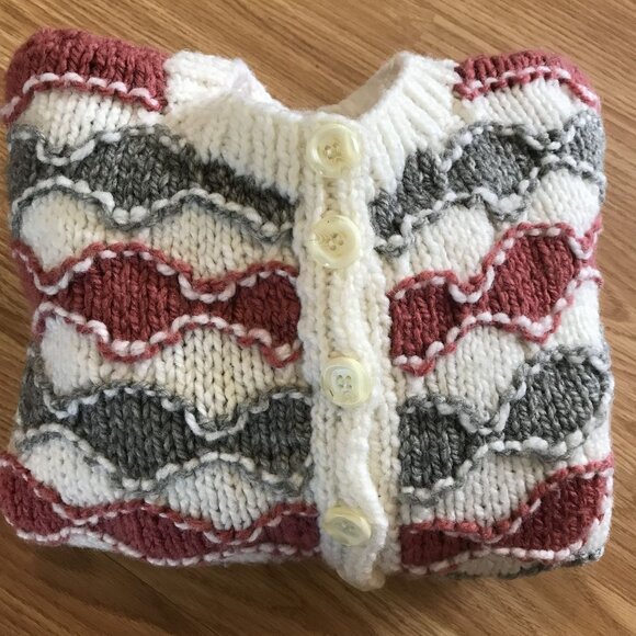 Handmade Kids Button-Up Sweater Whimsical Waves Design Cozy Wool & Acrylic Sm - Picture 2 of 11